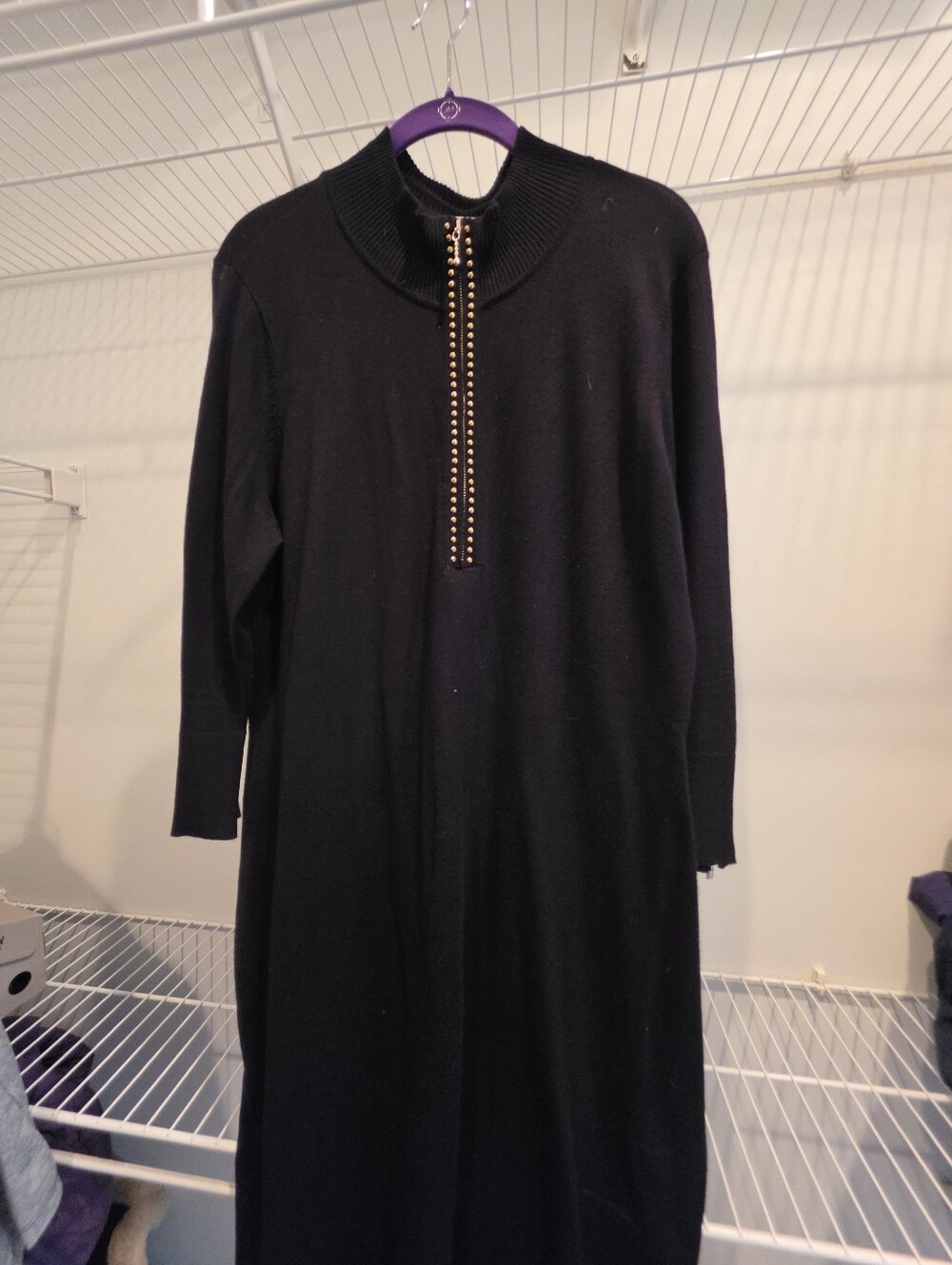 Calvin Klein Black Maxi Knit Dress with Gold Stud Zip